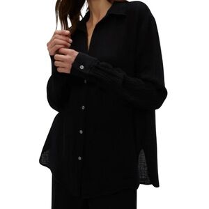 Magaschoni Organic Cotton Gauze Shirt Button Front Relaxed Fit Black Size Small